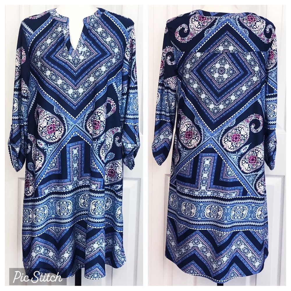 New Directions Blue Paisley V-Neck Roll Tab 3/4 Sleeve Mini Dress Large
